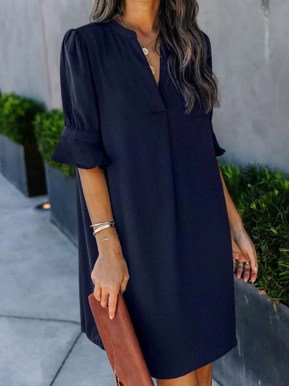 NWT Classic Navy V-Neck Midi Dress with Ruffle Sleeves - Women, Large